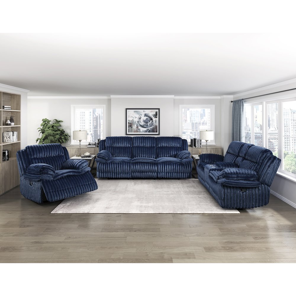 Lexicon Goodland Corduroy Double Reclining Love Seat with Center Console in Blue. Picture 2