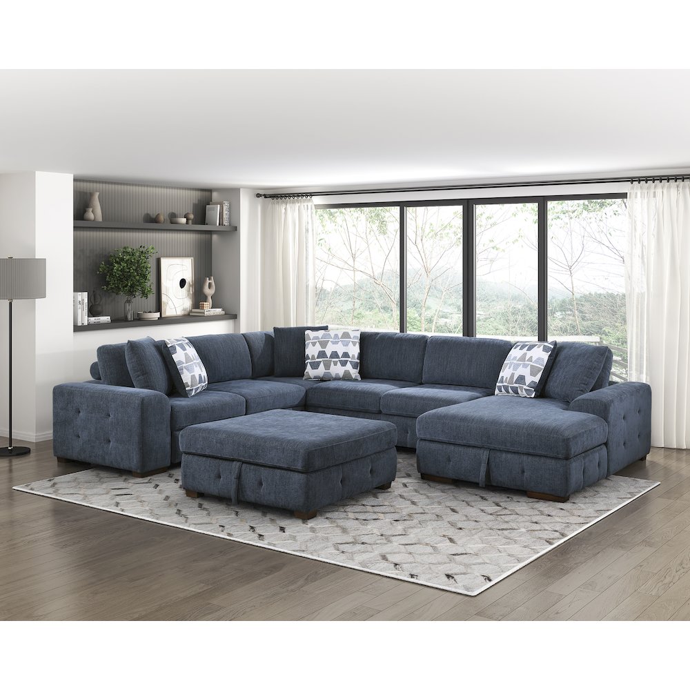 Lexicon Raife Chenille 5-Piece Sectional with Right Chaise in Blue. Picture 4