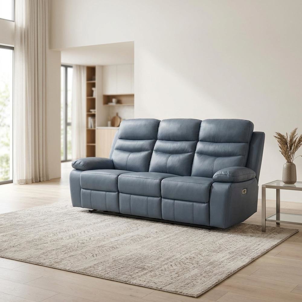 Leather Power Double Reclining Sofa and Recliner Couch for Living Room, Blue. Picture 2