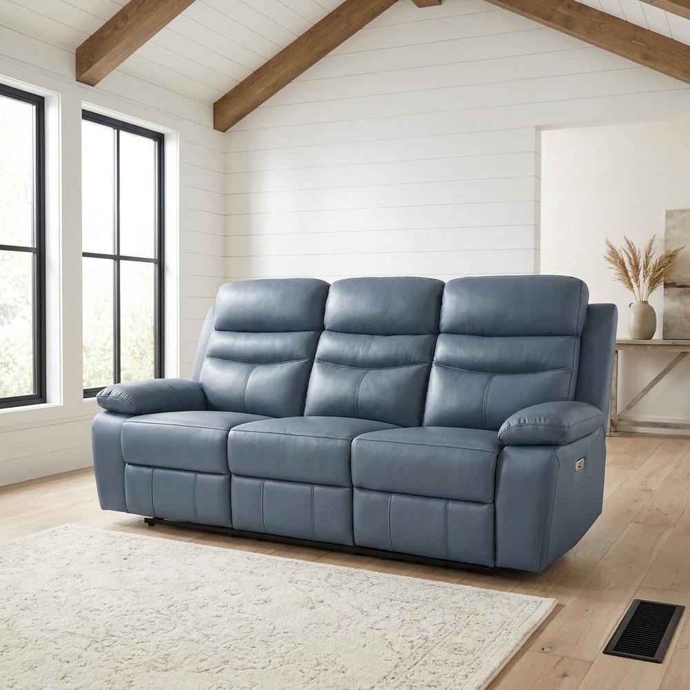 Leather Power Double Reclining Sofa and Recliner Couch for Living Room, Blue. Picture 4