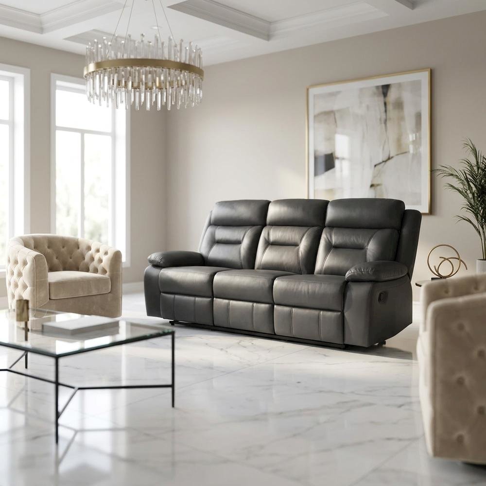 Laconia Leather Double Reclining Sofa with Top Grain for Living Room, Dark Gray. Picture 2