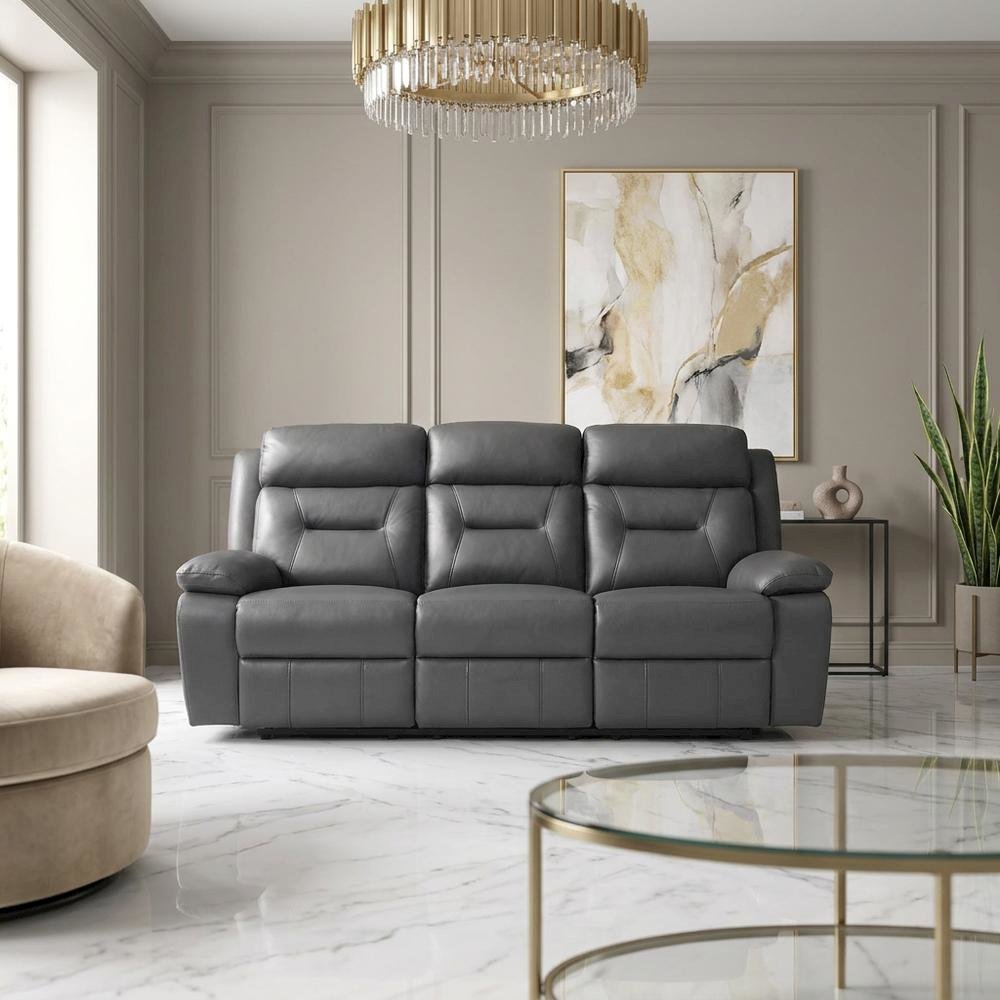 Laconia Leather Double Reclining Sofa with Top Grain for Living Room, Dark Gray. Picture 4