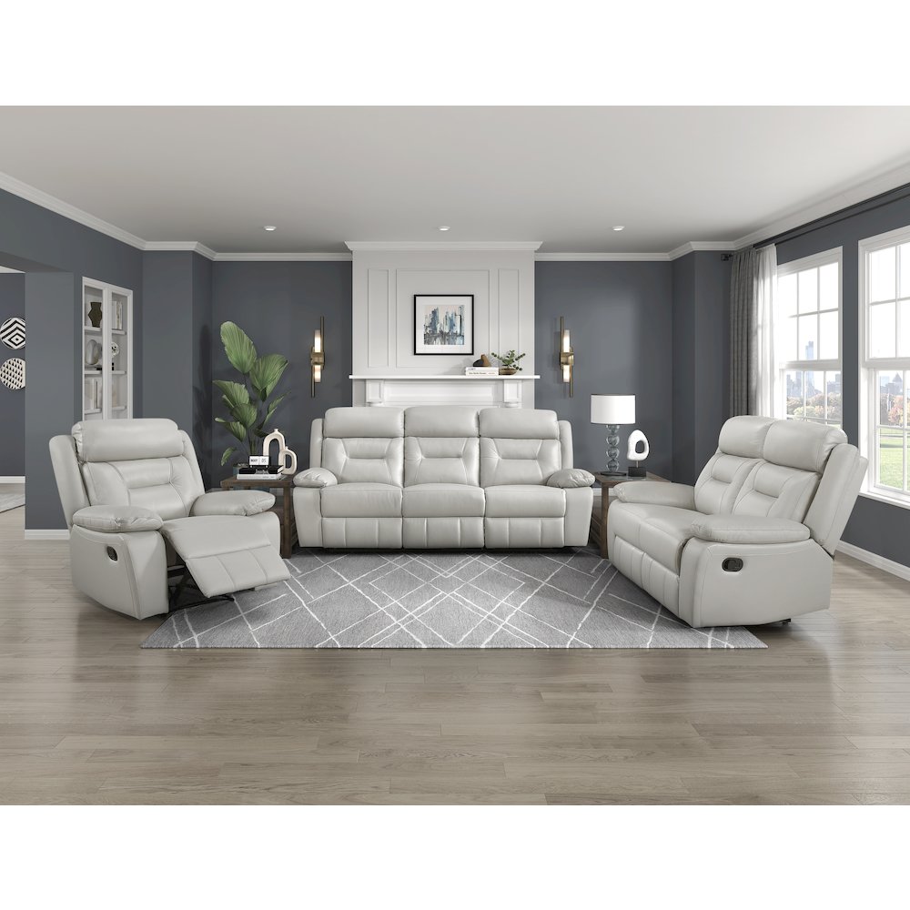 Laconia Leather Double Reclining Sofa In Silver. Picture 2