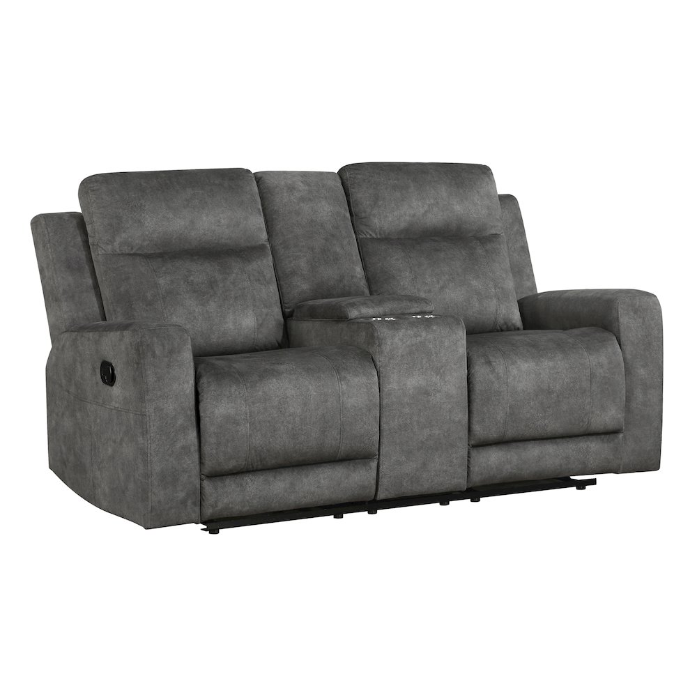 Yates Microfiber Double Reclining Love Seat With Center Console In Dark Gray. Picture 1