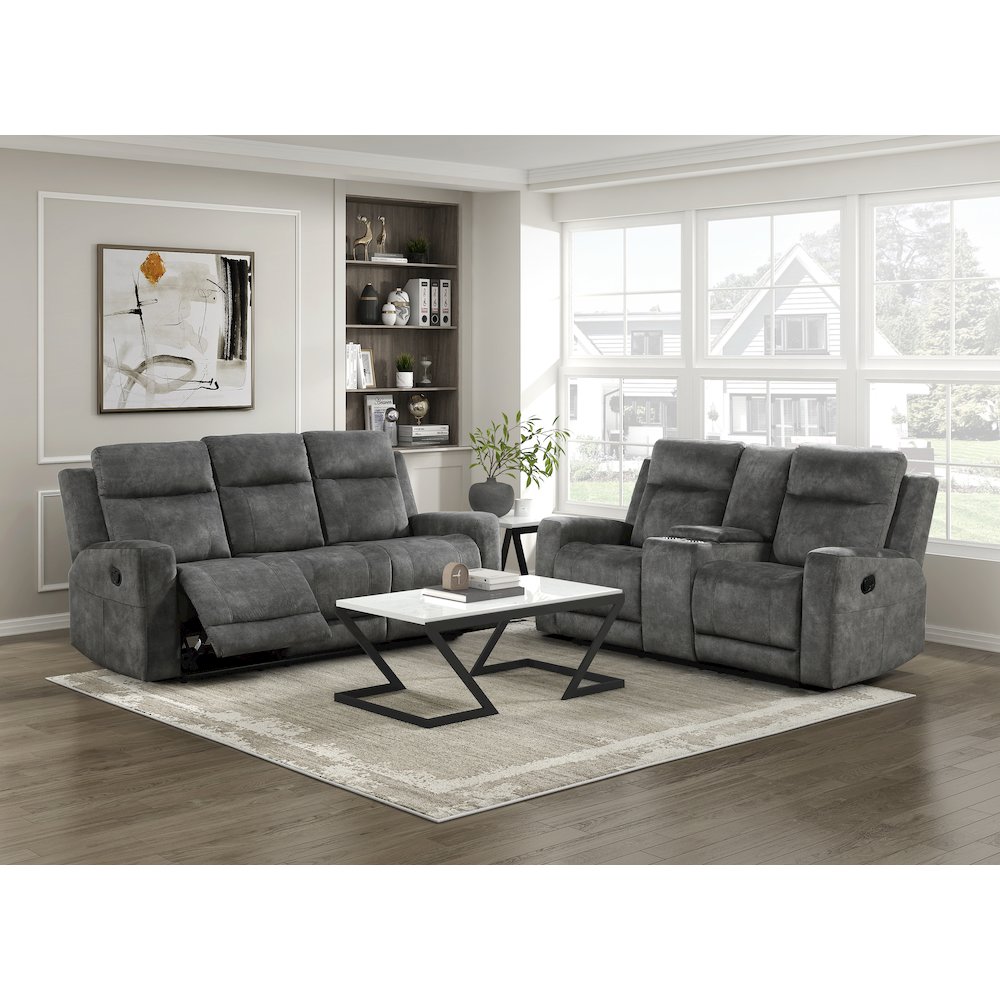 Yates Microfiber Double Reclining Sofa In Dark Gray. Picture 2
