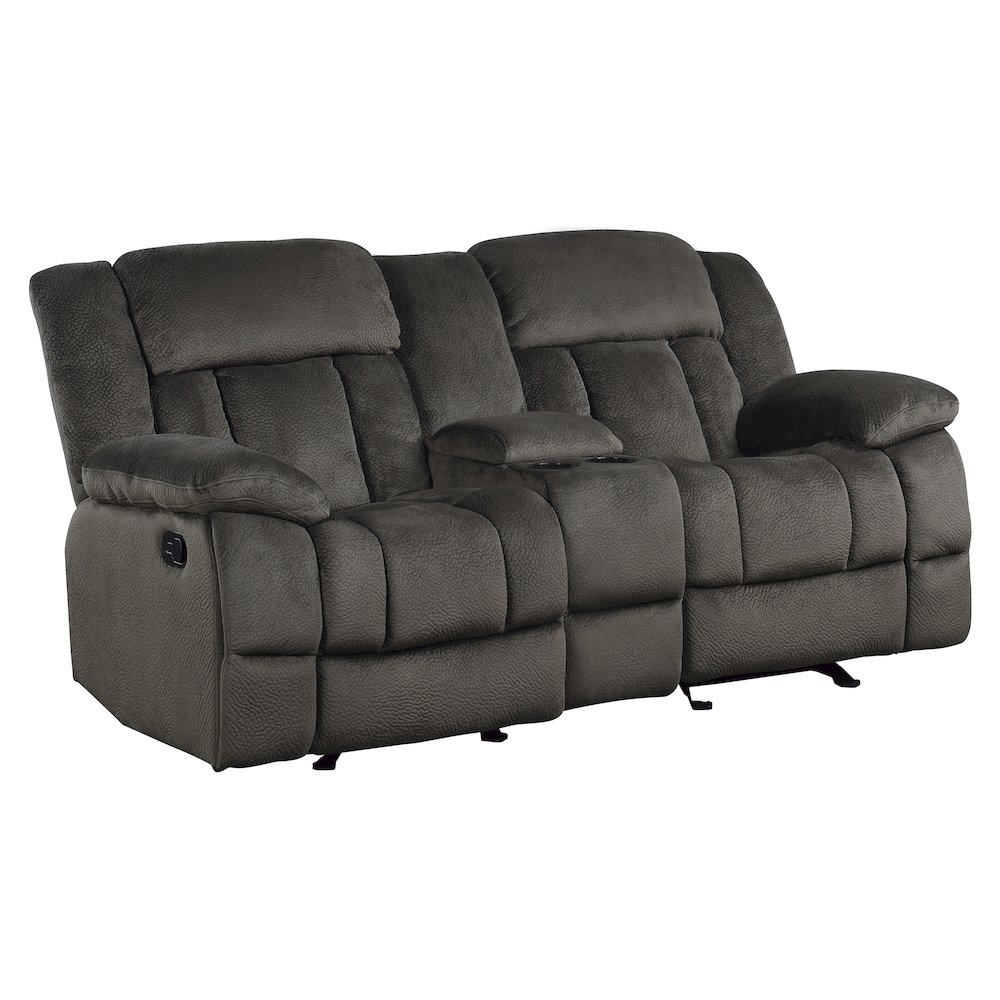 Microfiber Double Glider Reclining Love Seat With Center Console In Chocolate. Picture 1