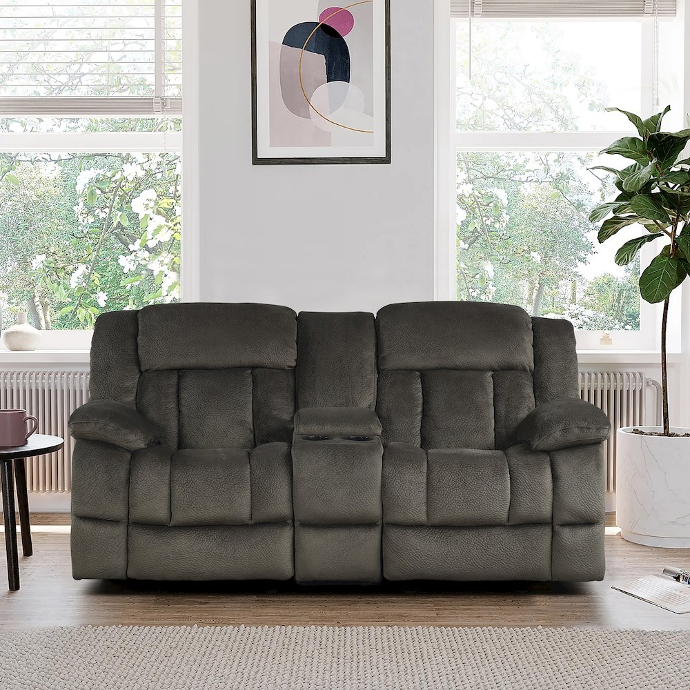 Microfiber Double Glider Reclining Love Seat With Center Console In Chocolate. Picture 2