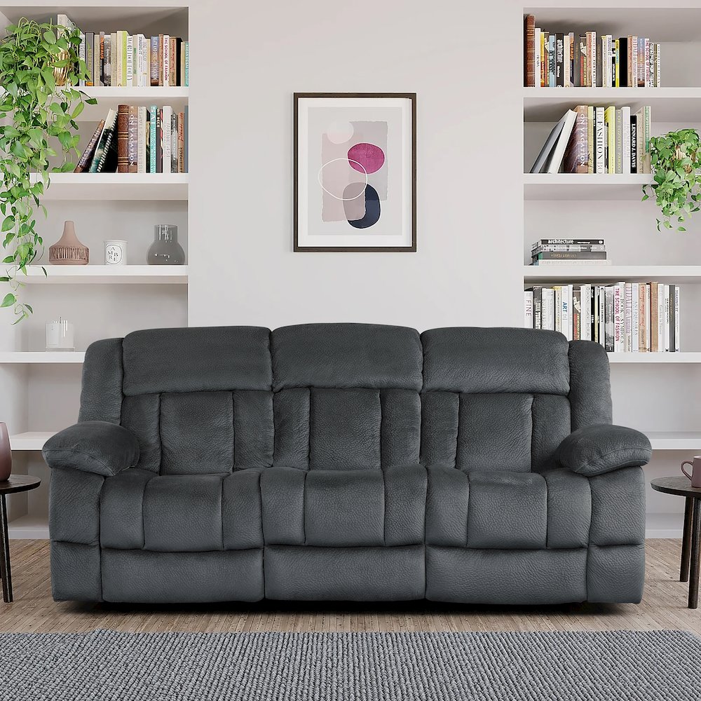 Laurelton Microfiber Double Reclining Sofa, Charcoal In Charcoal. Picture 2