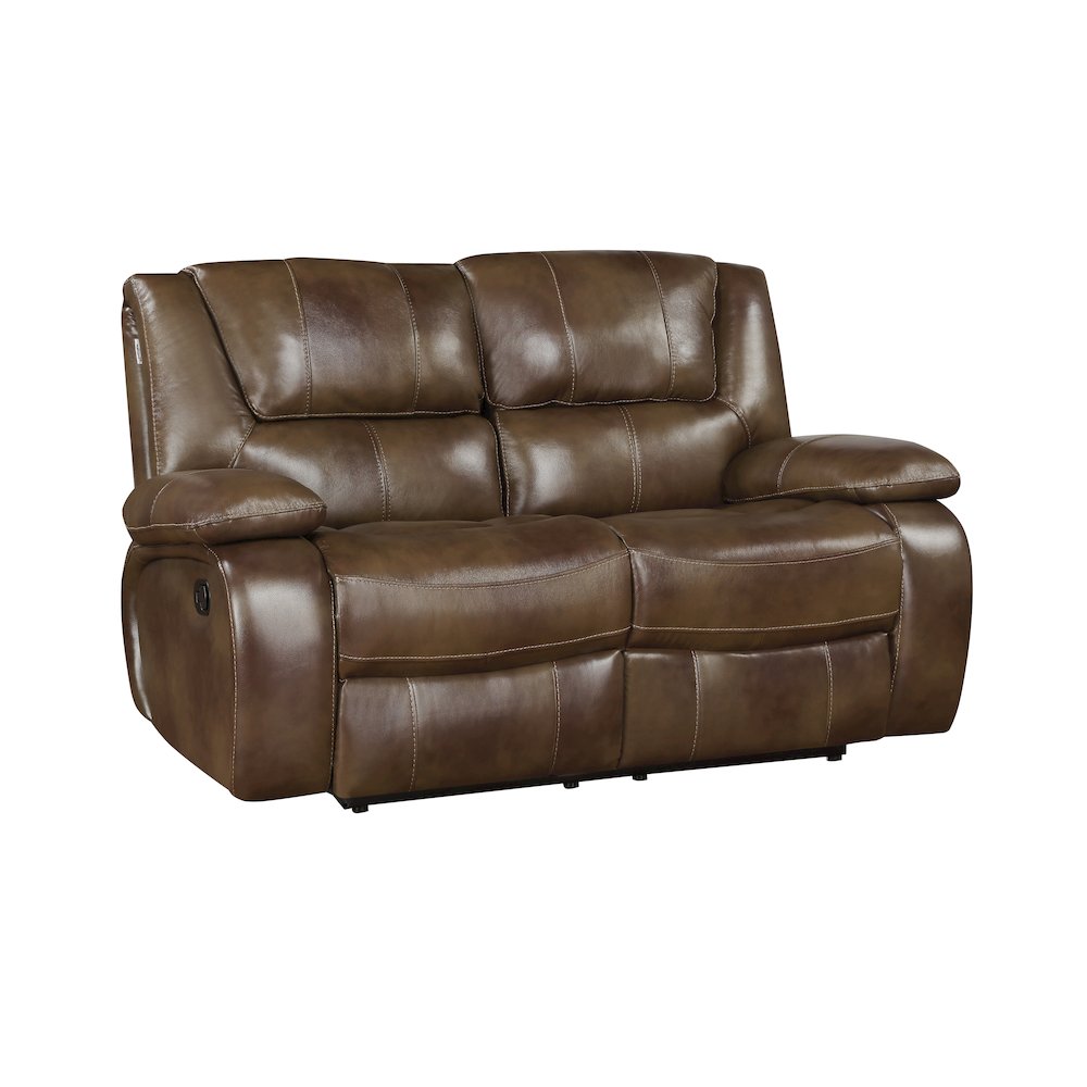 Ellicott Leather Double Reclining Love Seat In Brown. Picture 1