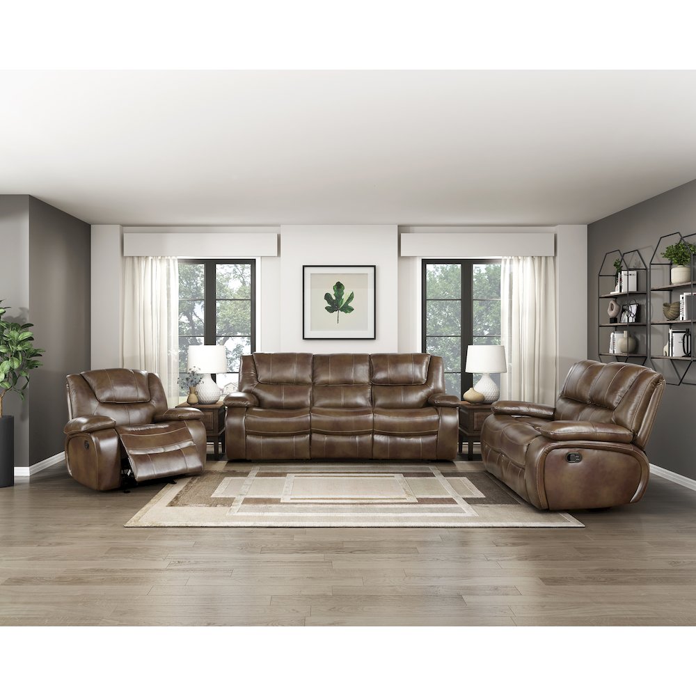 Ellicott Leather Double Reclining Love Seat In Brown. Picture 2