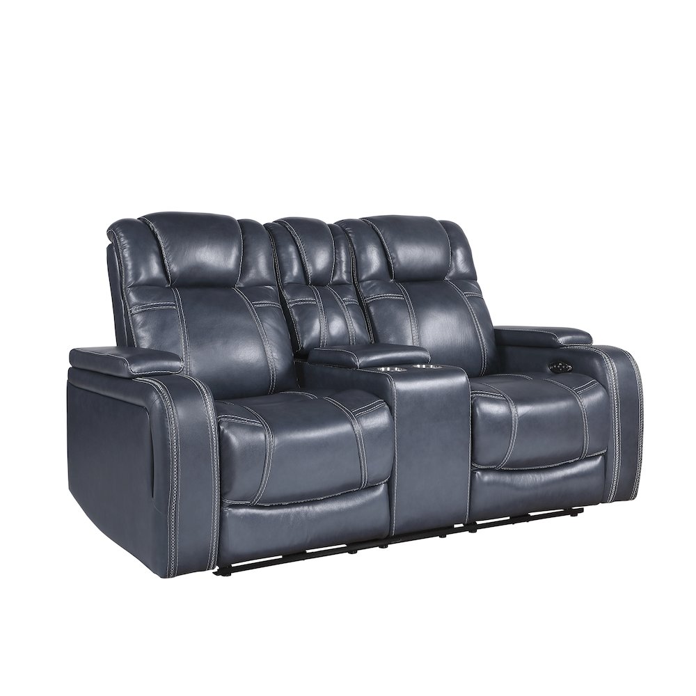 Lexicon Keziah Leather Power Double Reclining Love Seat in Blue. Picture 1
