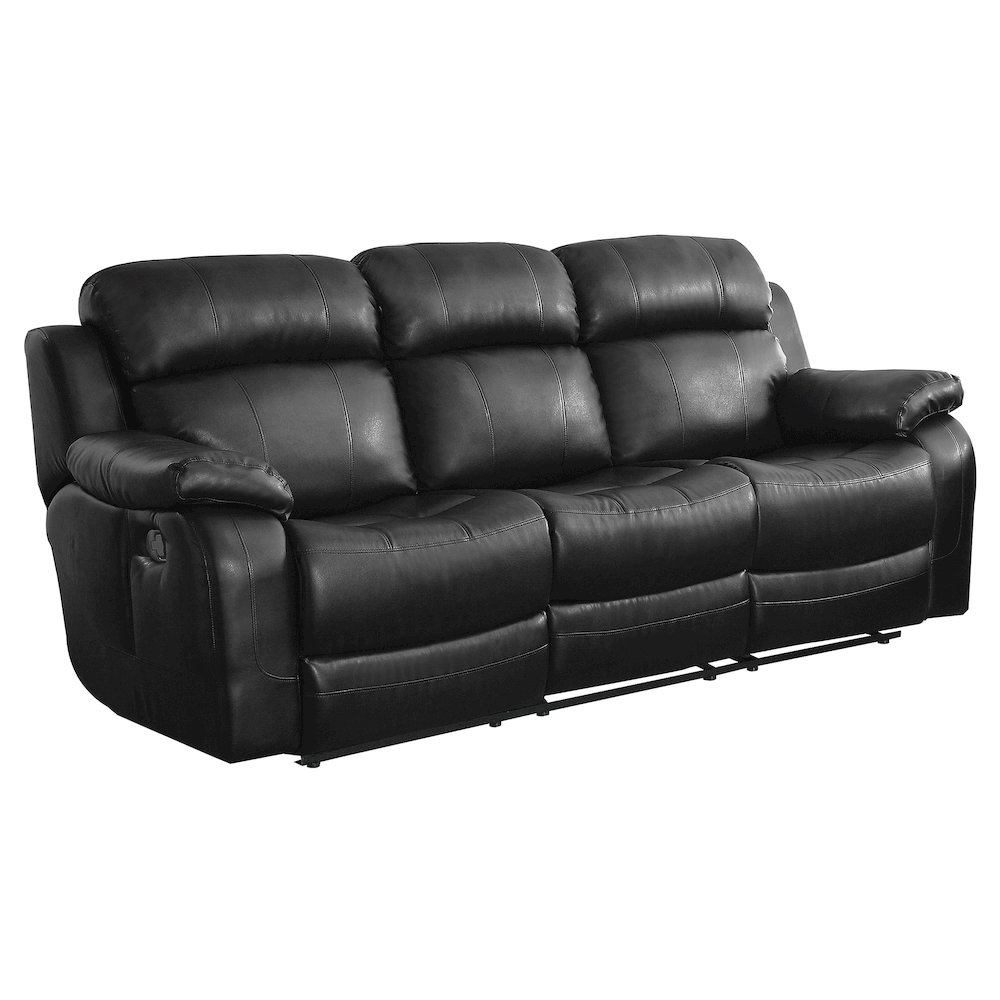 Faux Leather Double Reclining Sofa With Center Drop-Down Cup Holders In Black. Picture 1