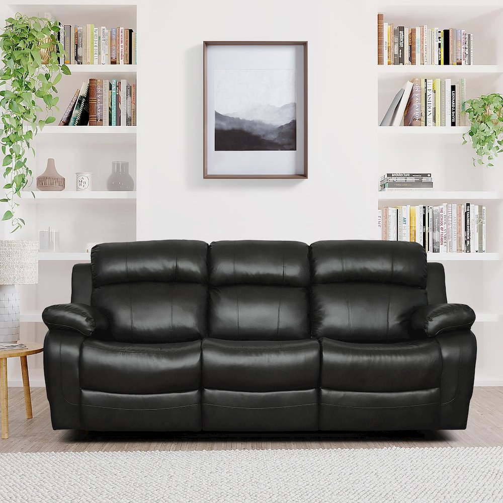 Faux Leather Double Reclining Sofa With Center Drop-Down Cup Holders In Black. Picture 2