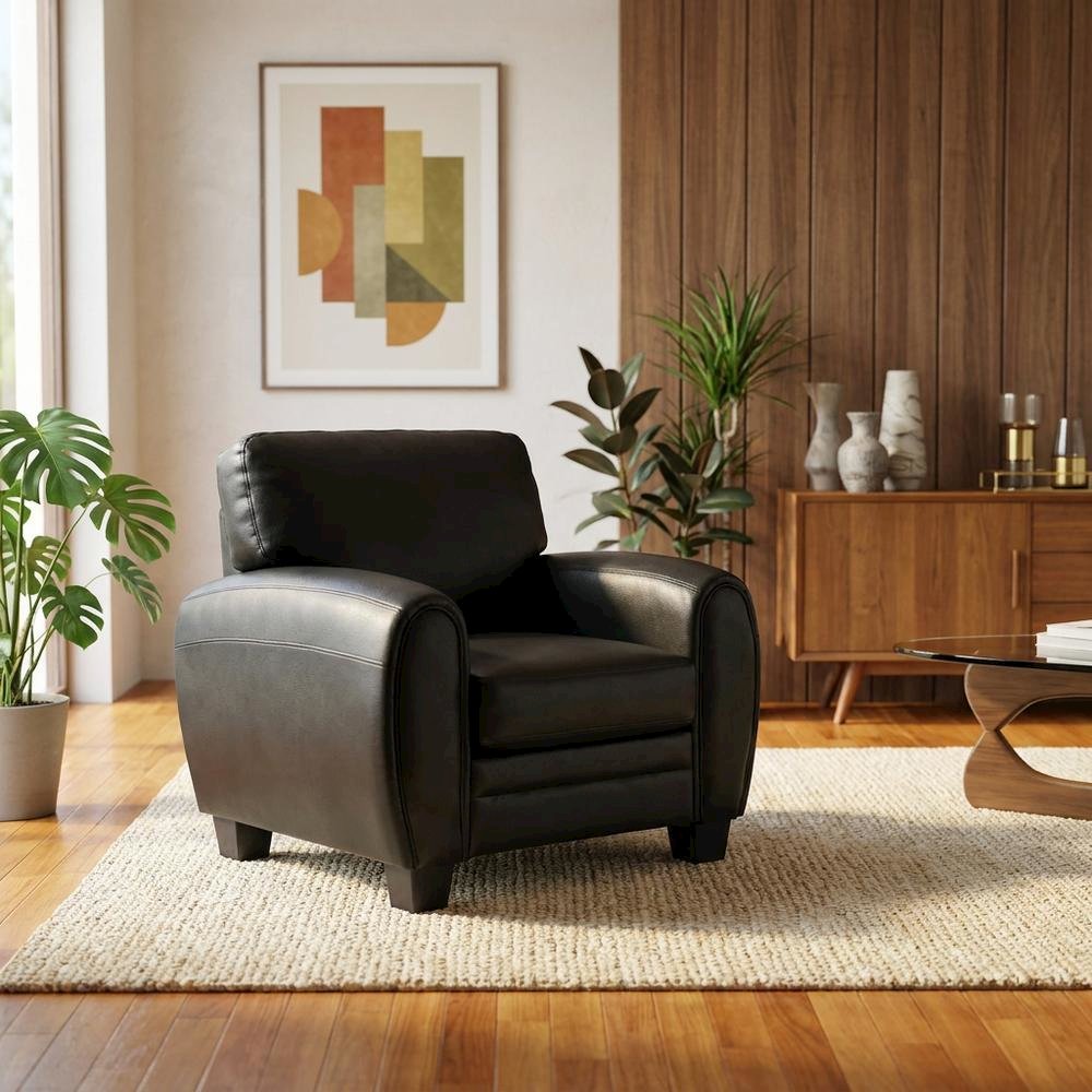 Faux Leather Accent Chair with Padded Seat and Arms for Bedroom, Black. Picture 4