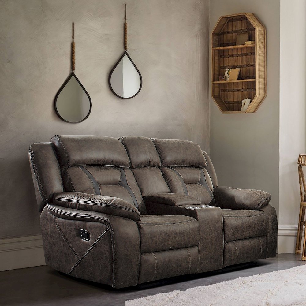 Madrona Microfiber Double Reclining Love Seat In Dark Brown. Picture 2