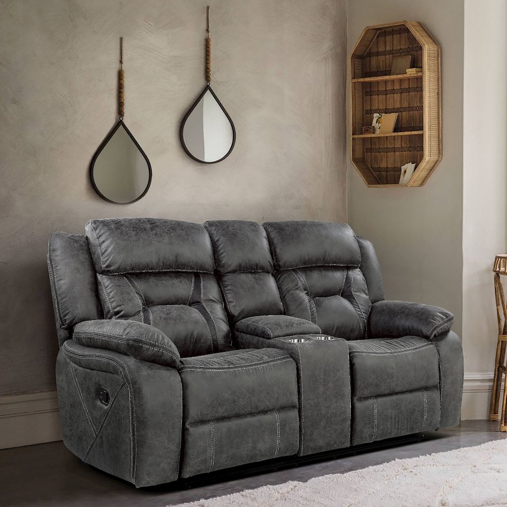 Madrona Microfiber Double Reclining Love Seat In Gray. Picture 2