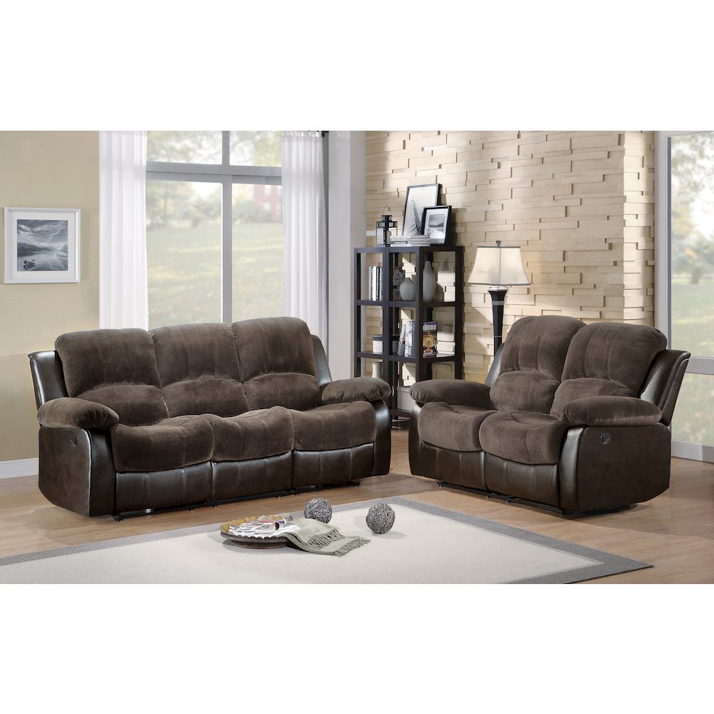 Cranley Faux Leather Double Reclining Loveseat in Chocolate. Picture 2