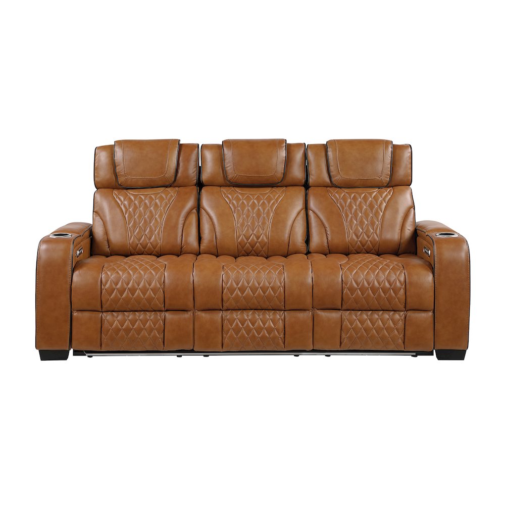 Apex Leather Power Double Reclining Sofa with Power Headrests in Brown. Picture 4