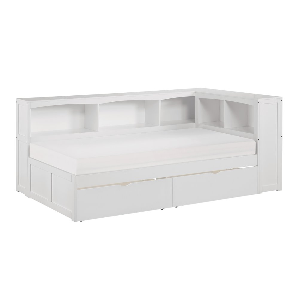 Galen Pine Twin Bookcase Corner Bed with Storage Boxes in White. Picture 1