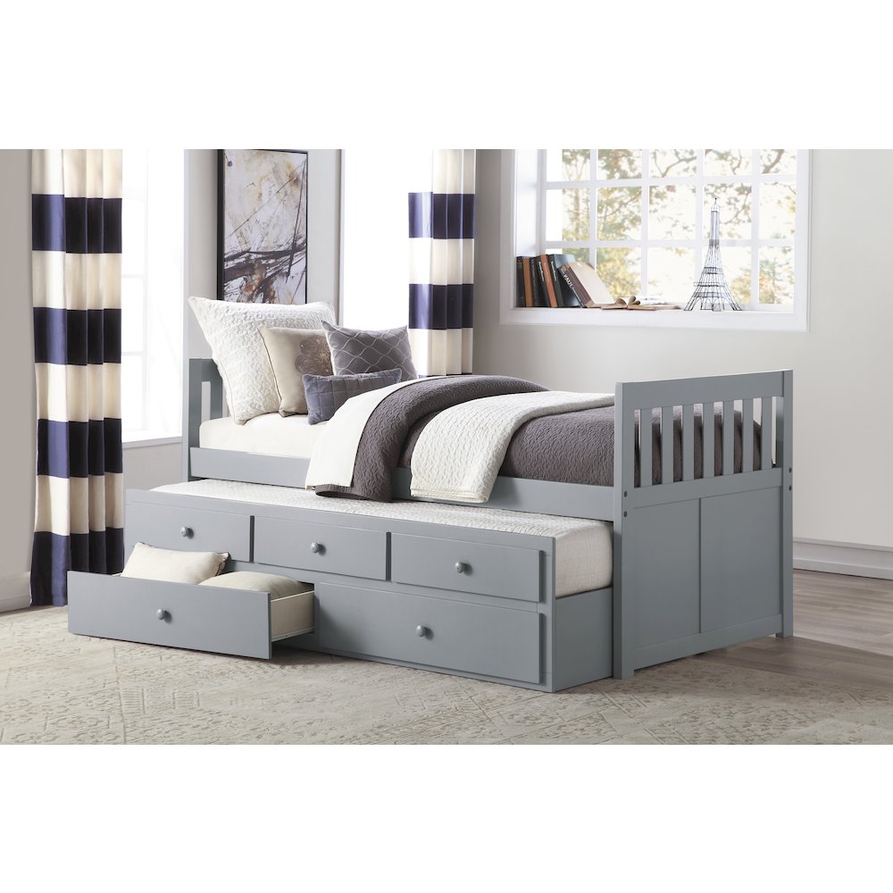 Orion Pine Twin Over Twin Trundle Bed with two Storage Drawers in Gray. Picture 2