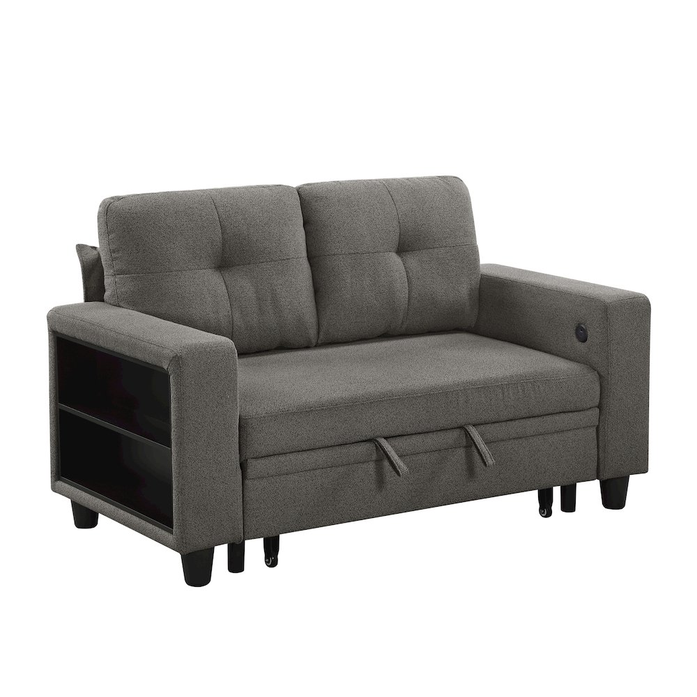Robinson Boucle Love Seat with Pull-out Bed, Shelves in Dark Brown. Picture 1
