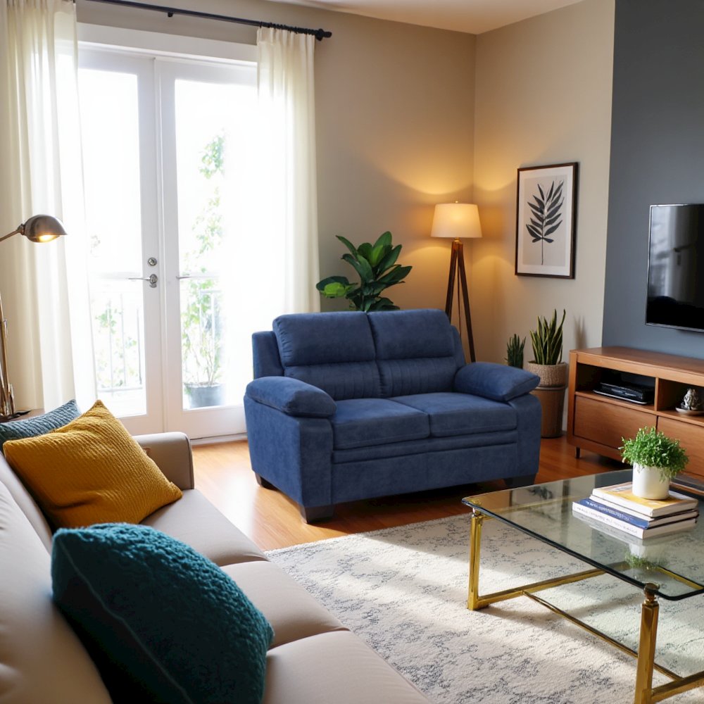 Blue Small Love Seat Couch with Textured Fabric for Living Room. Picture 3