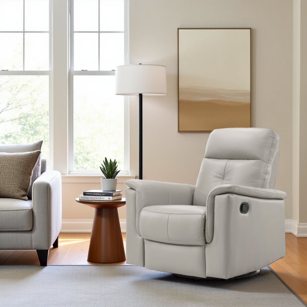 Silver Leather Swivel Glider Recliner, Elegant Leather Recliner Chair. Picture 3
