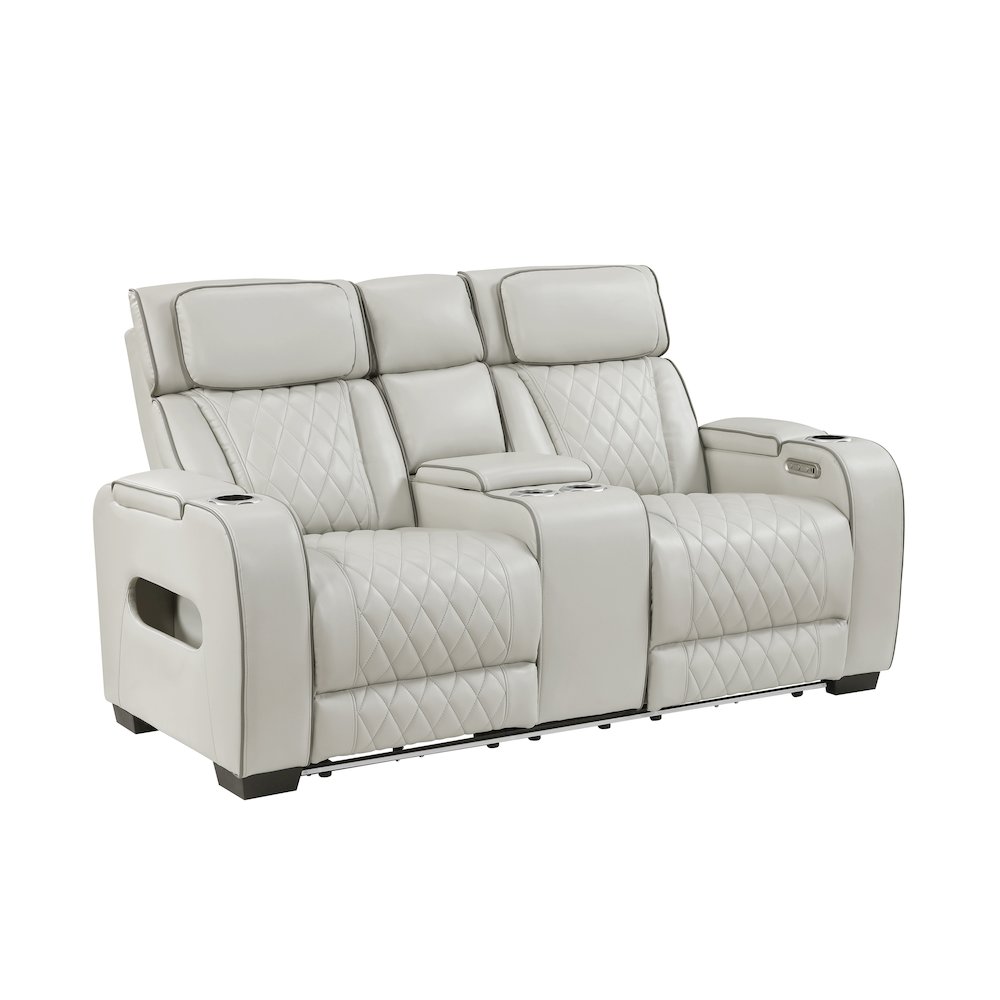Fairway Faux Leather Power Double Reclining Love Seat in Taupe. Picture 1