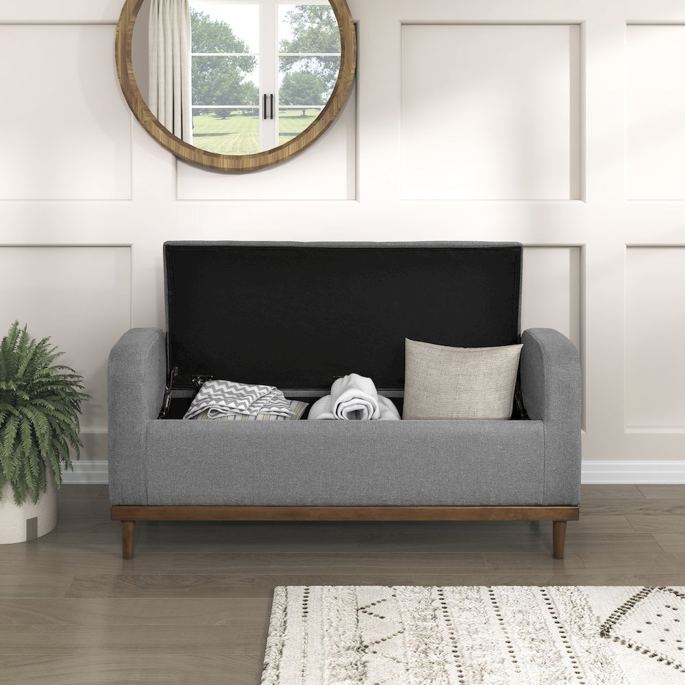 Brigitte Textured Lift Top Storage Bench in Gray. Picture 3