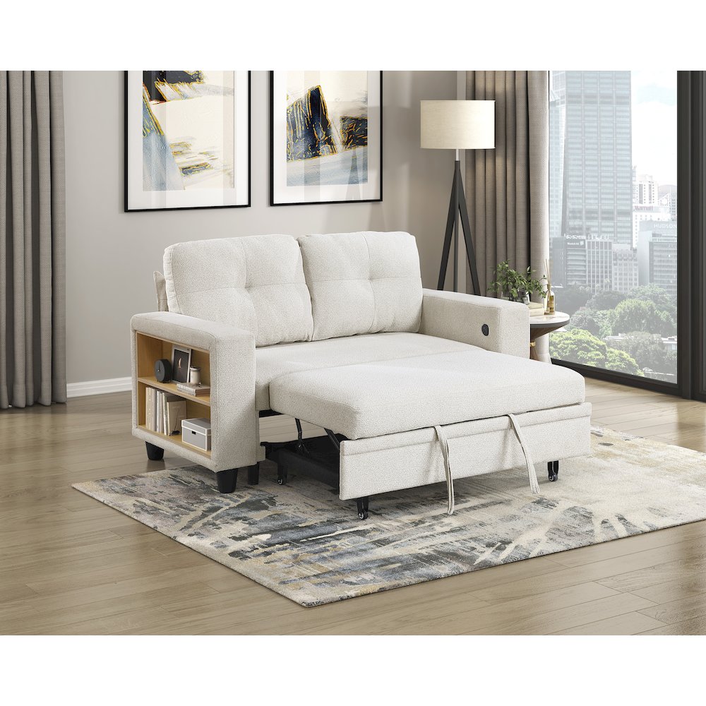 Robinson Boucle Love Seat with Pull-out Bed, Shelves in Beige. Picture 6