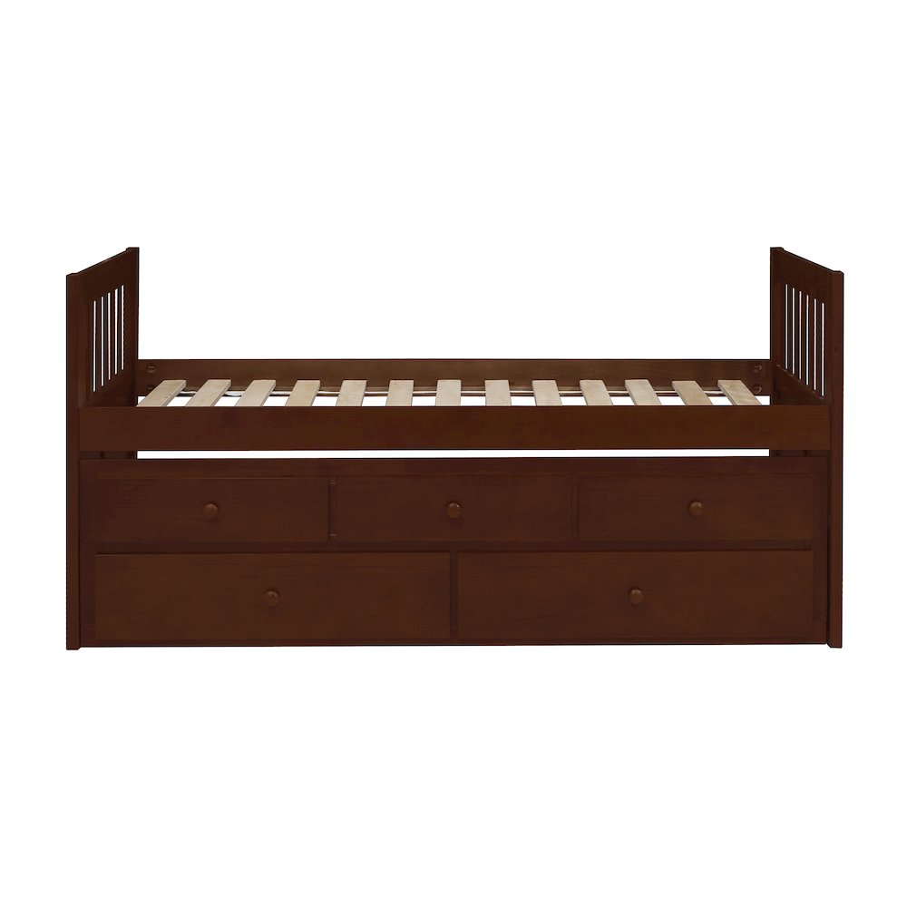 Rowe Pine Twin Over Twin Trundle Bed in Dark Cherry. Picture 6