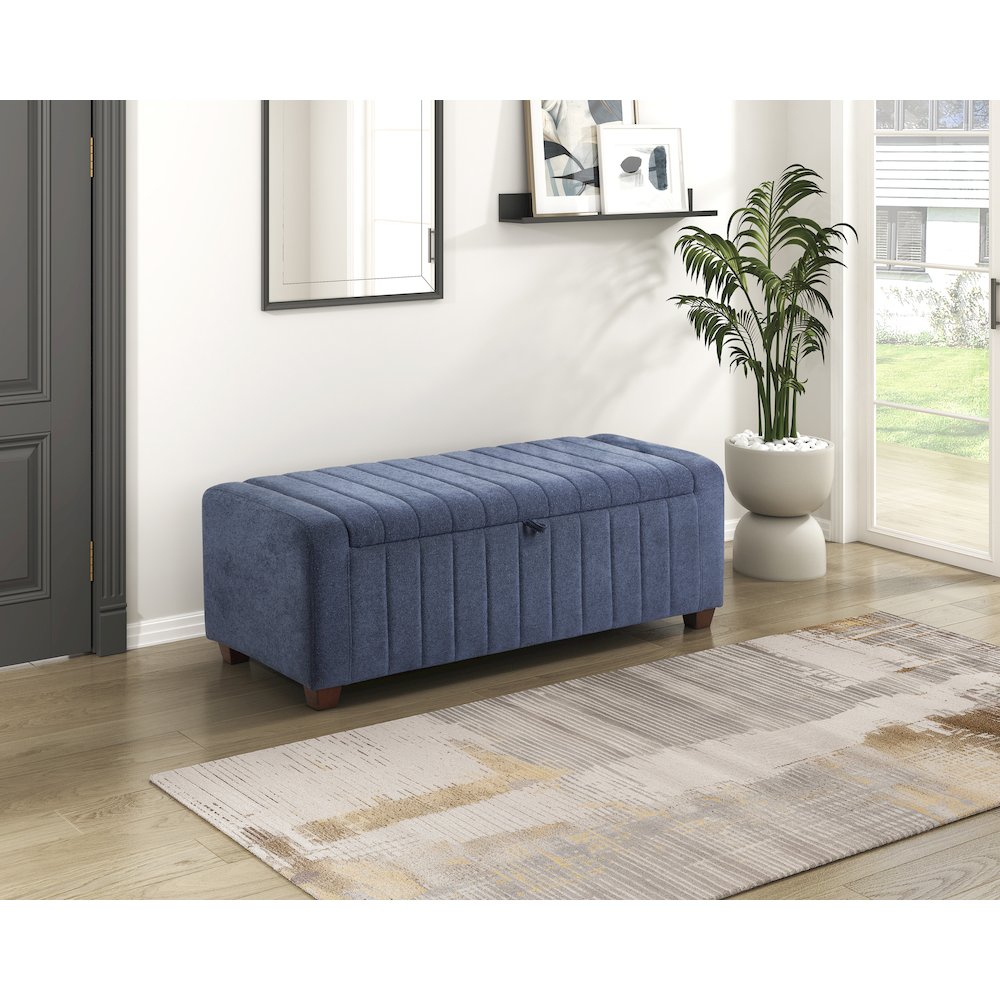 Derby Boucle Lift Top Storage Bench in Blue. Picture 2