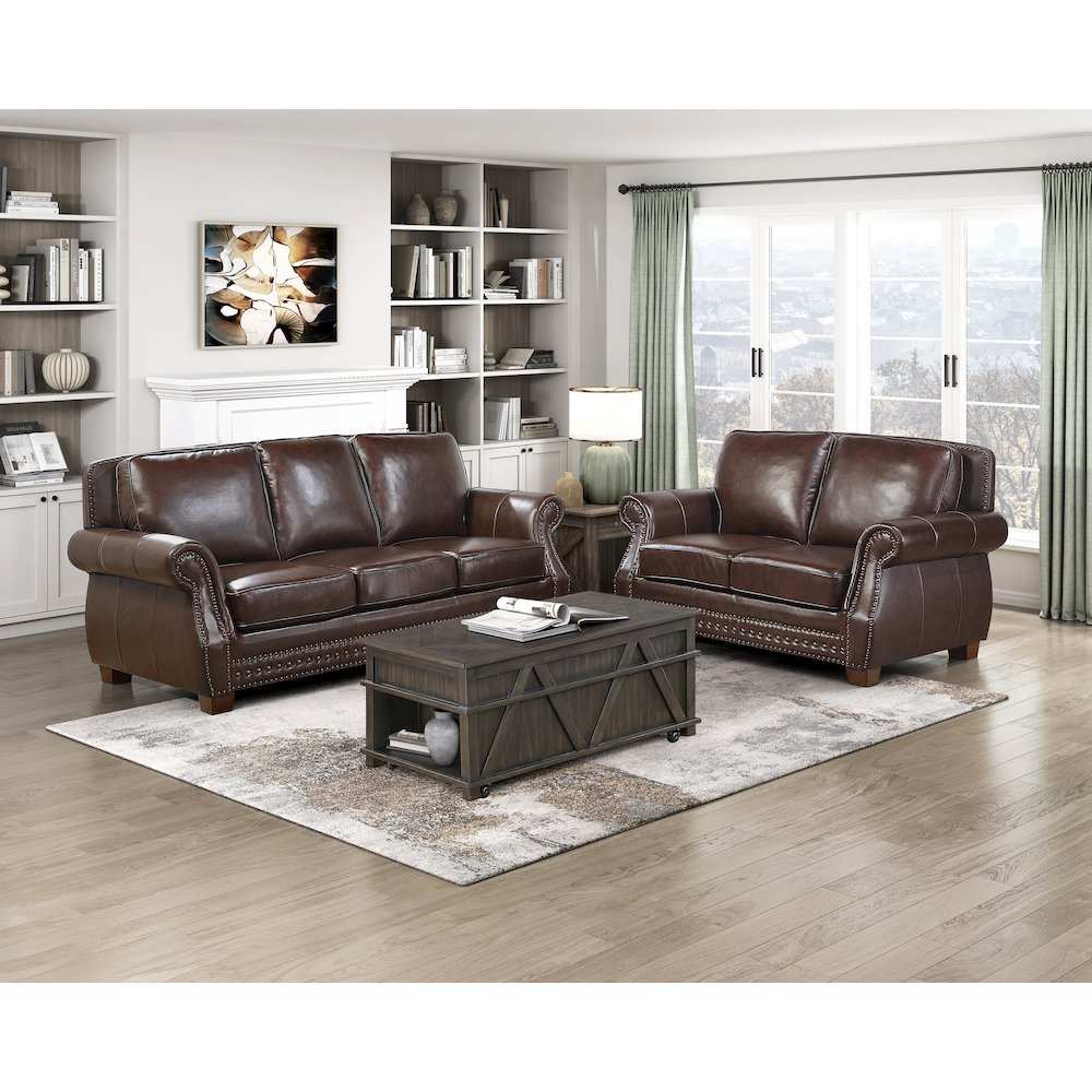 Remington Leather Love Seat in Brown. Picture 2