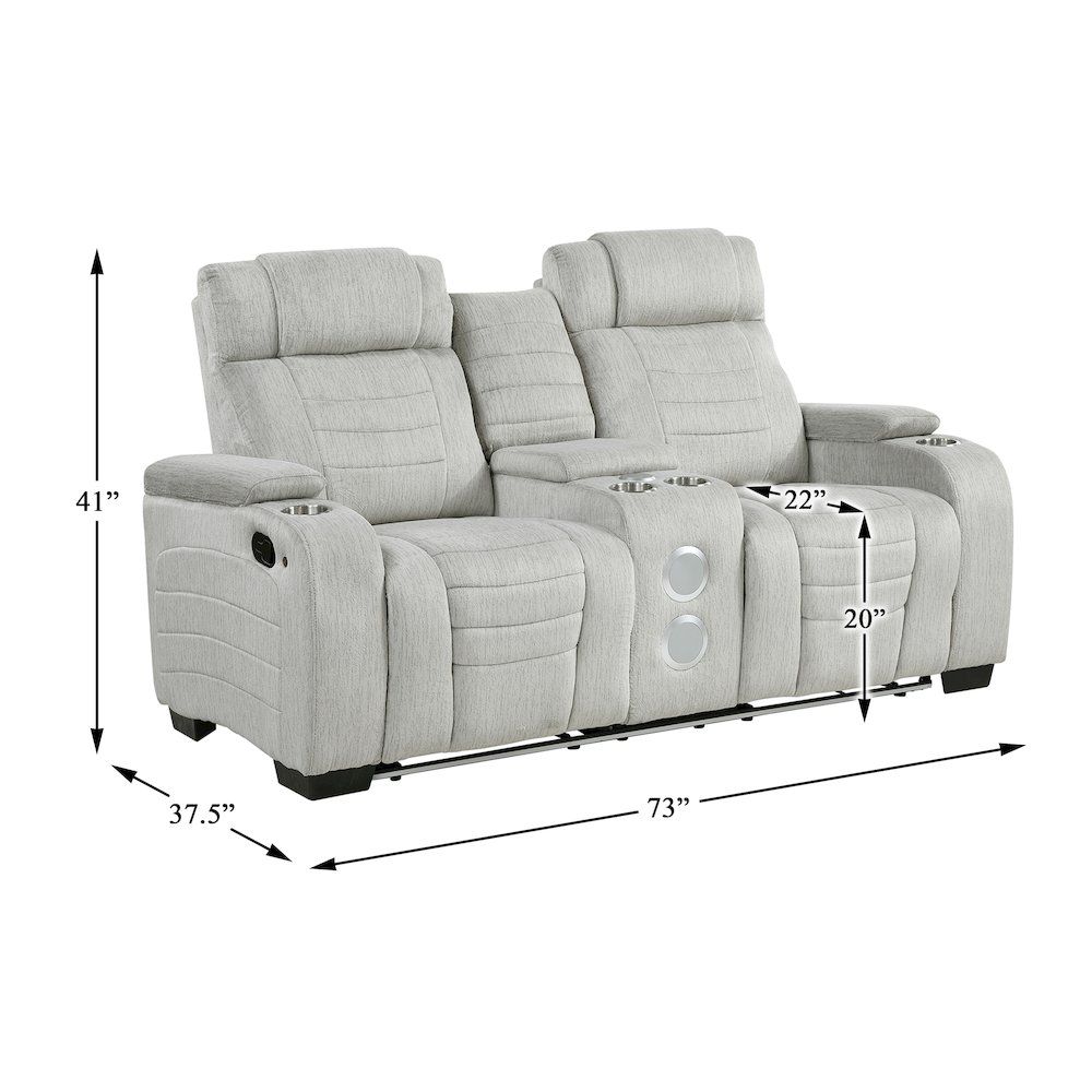 Ronan Microfiber Dbl Reclining Love Seat with Storage Arms in Light Gray. Picture 5