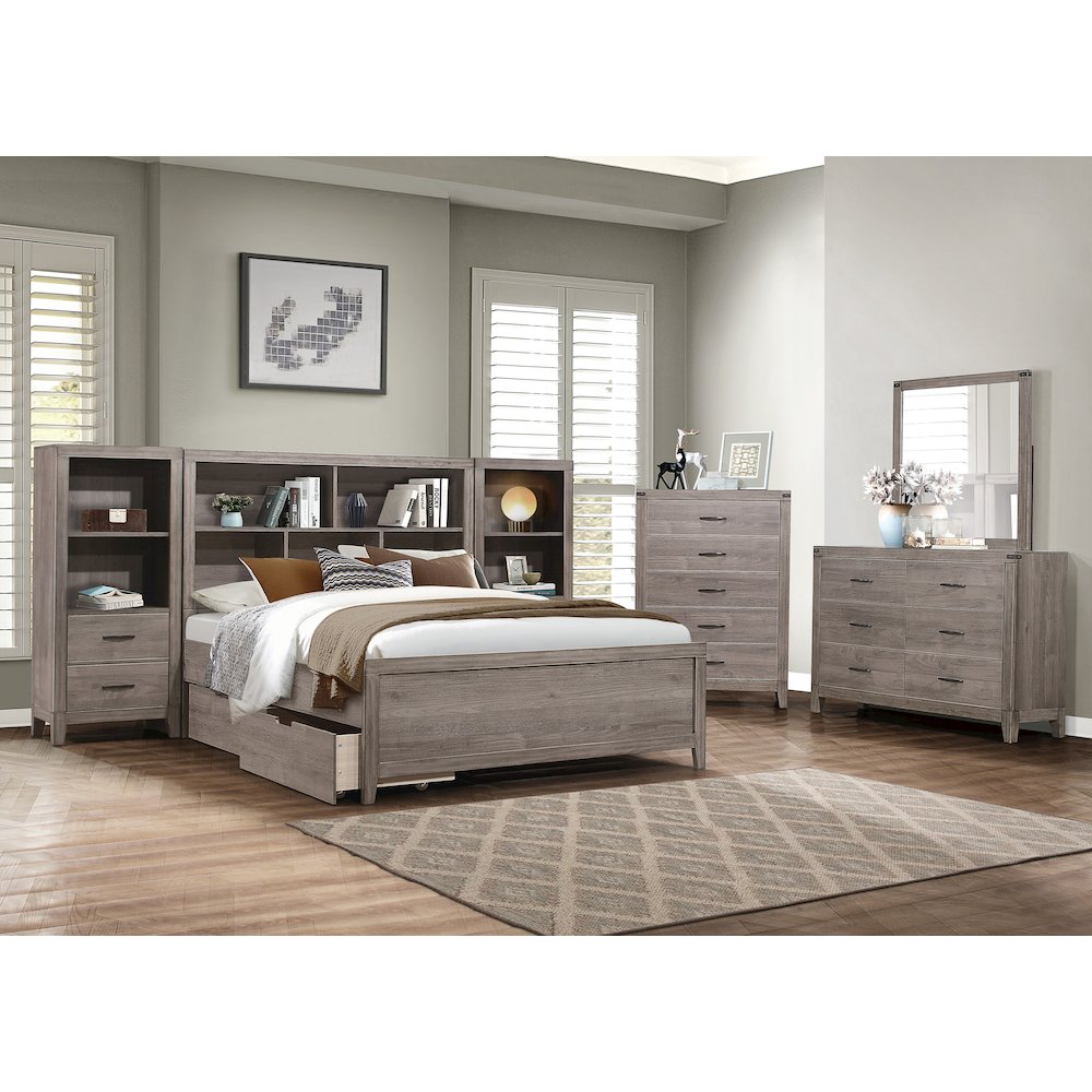 Woodrow Asian Hardwood Queen Bed with Bookcase Headboard in Gray. Picture 2