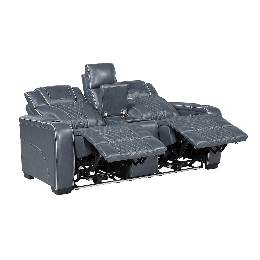 Apex Leather Pwr Double Reclining Love Seat with Center Console in Blue. Picture 6