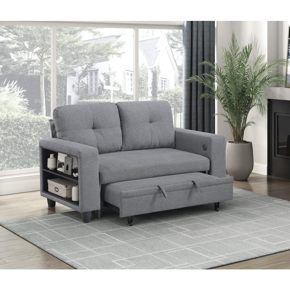 Robinson Boucle Love Seat with Pull-out Bed, Shelves in Gray. Picture 4