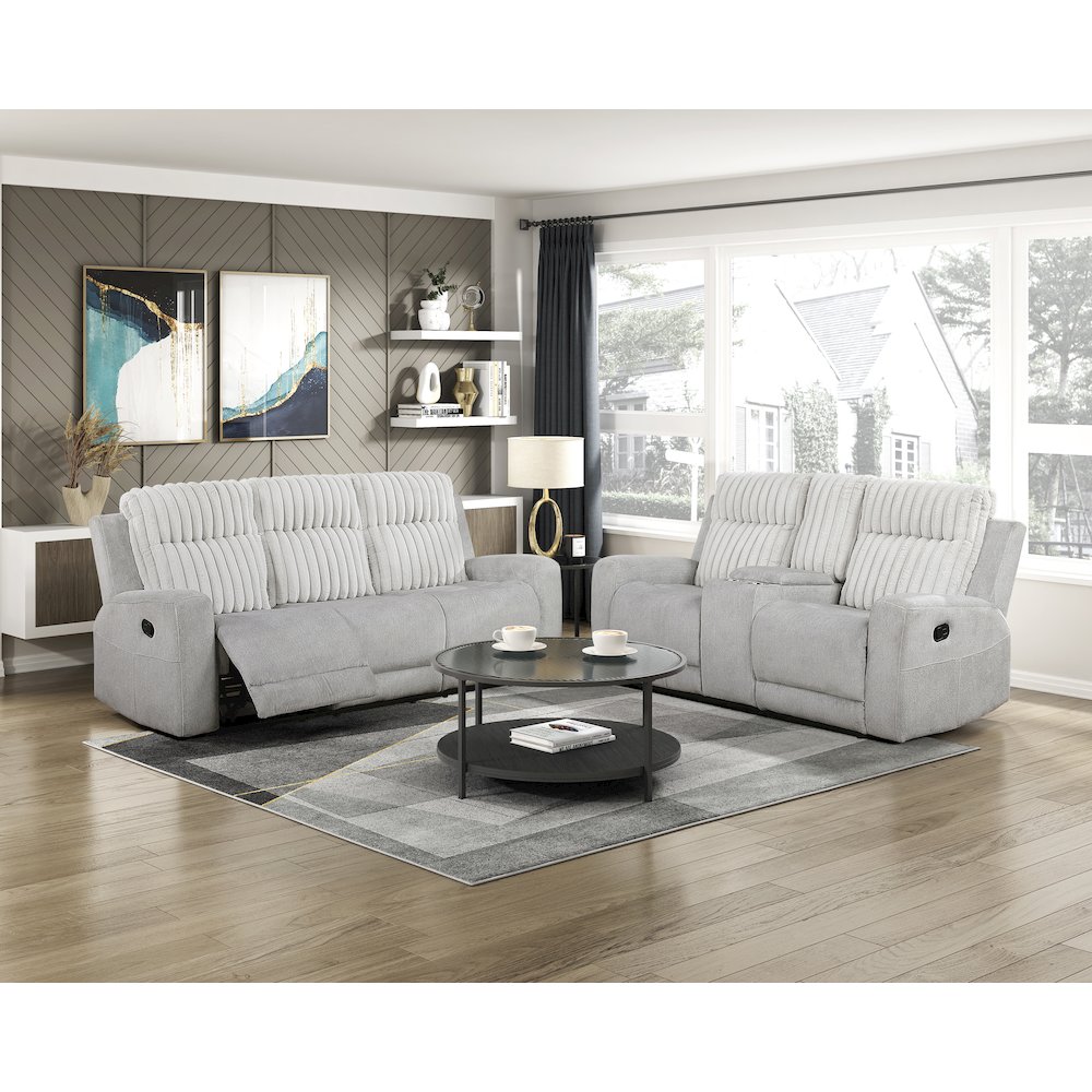 Benton Corduroy Double Reclining Love Seat in Light Gray. Picture 2