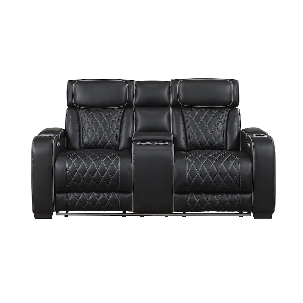 Fairway Faux Leather Power Double Reclining Love Seat in Black. Picture 8