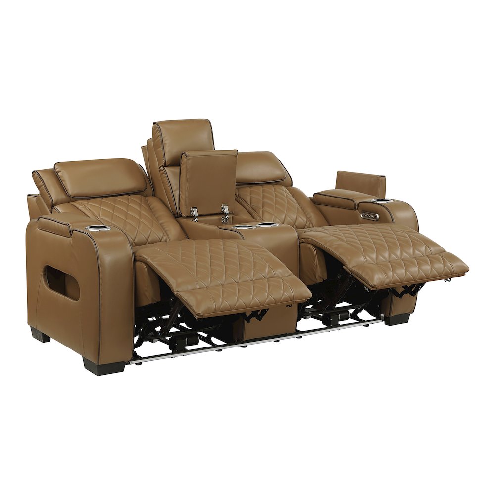 Fairway Faux Leather Power Double Reclining Love Seat in Brown. Picture 10