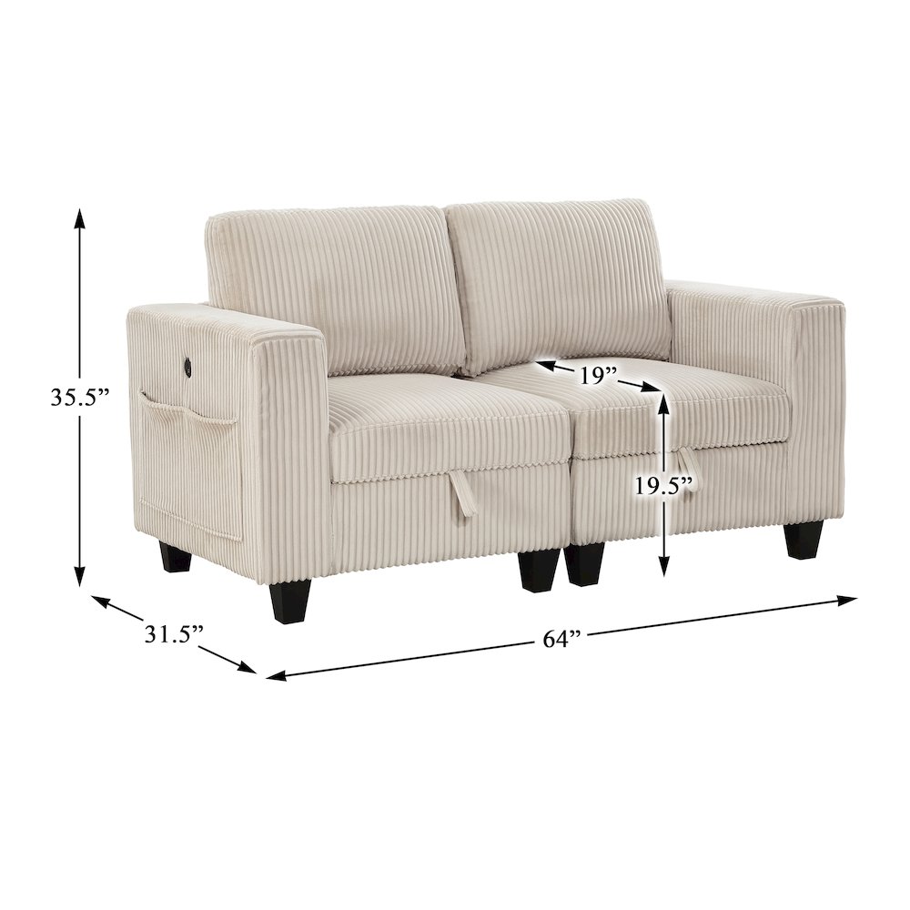 Walterboro Corduroy Love Seat with Storage, Storage Pouches in Beige. Picture 5