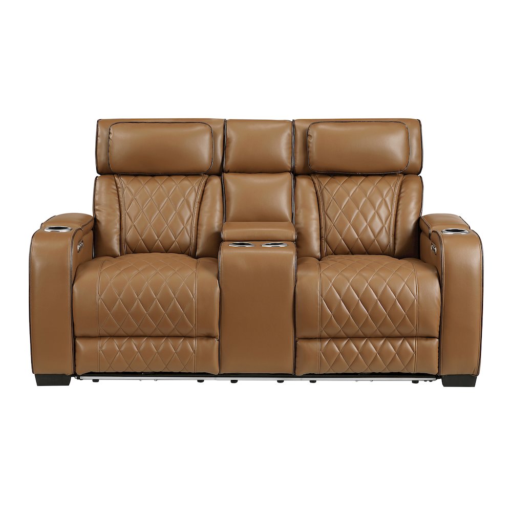 Fairway Faux Leather Power Double Reclining Love Seat in Brown. Picture 8