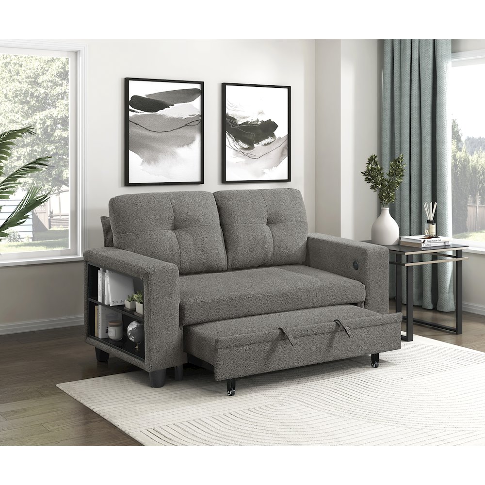 Robinson Boucle Love Seat with Pull-out Bed, Shelves in Dark Brown. Picture 4