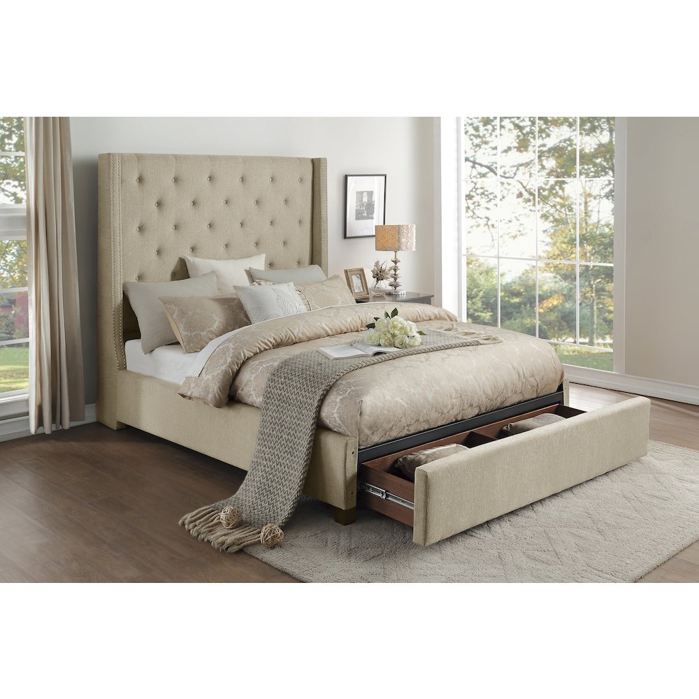 Fairborn Solid Wood Full Platform Bed with Storage Footboard in Beige. Picture 2