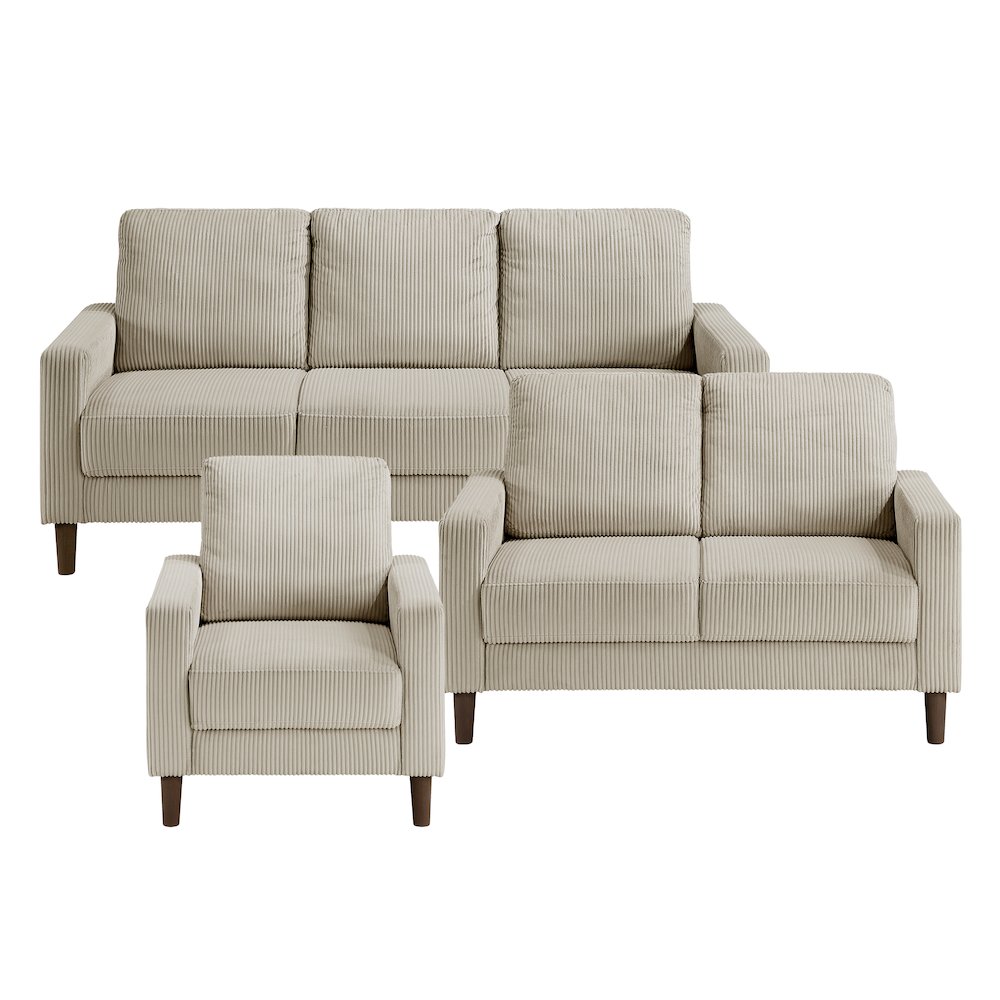 Crandall Corduroy 3pc Set: Sofa, Loveseat, Chair in Taupe. Picture 1