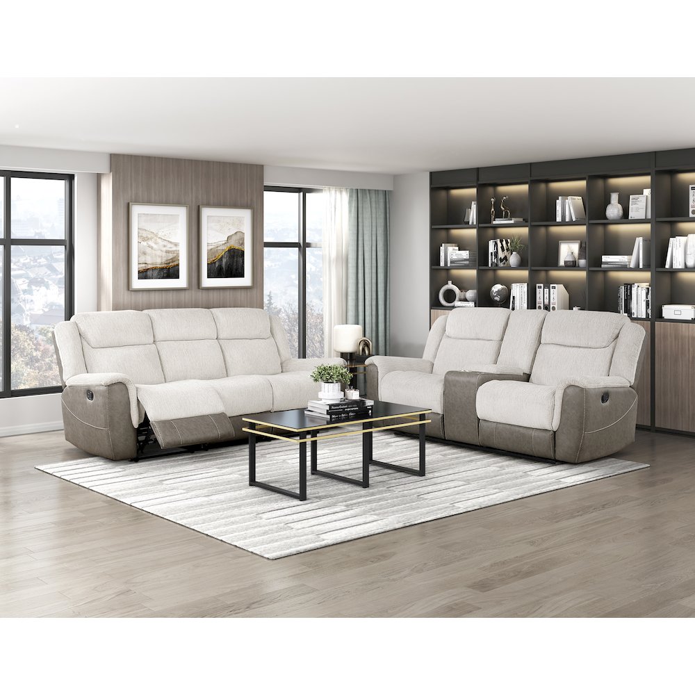 Harriette Chenille Double Reclining Love Seat in Beige. Picture 3
