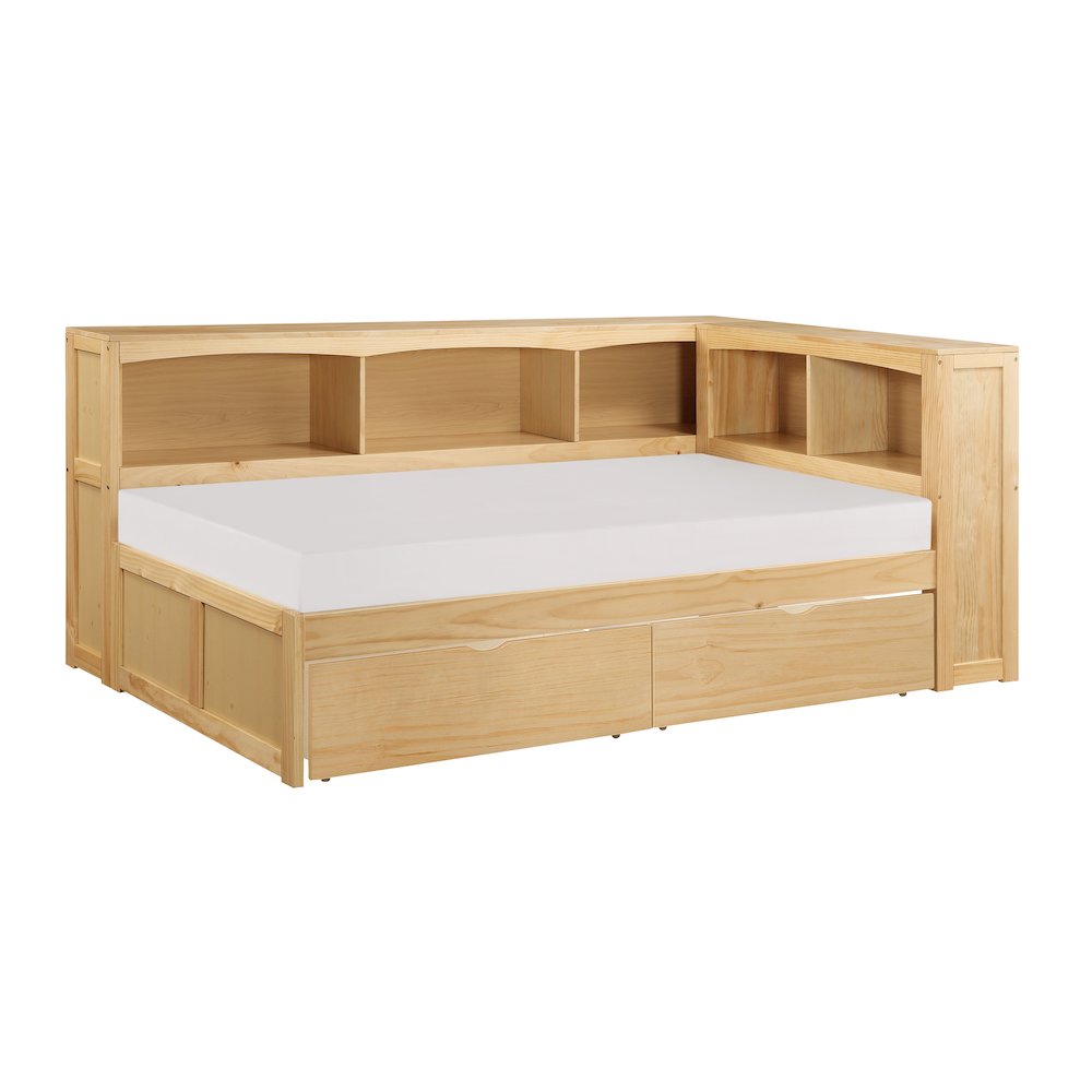 Bartly Pine Twin Bookcase Corner Bed with Storage Boxes in Natural Pine. Picture 1