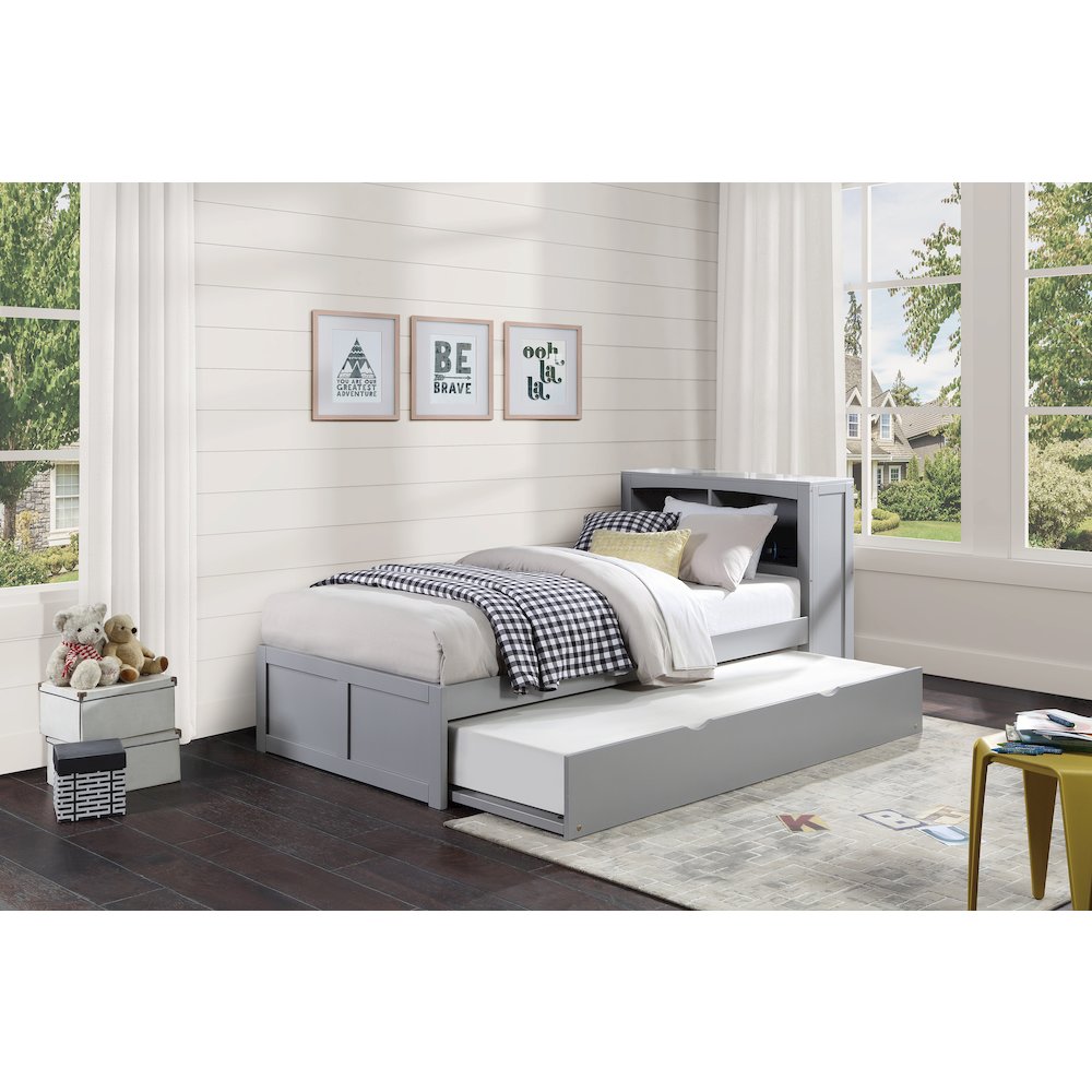Orion Pine Twin Bookcase Bed with Twin Trundle in Gray. Picture 2