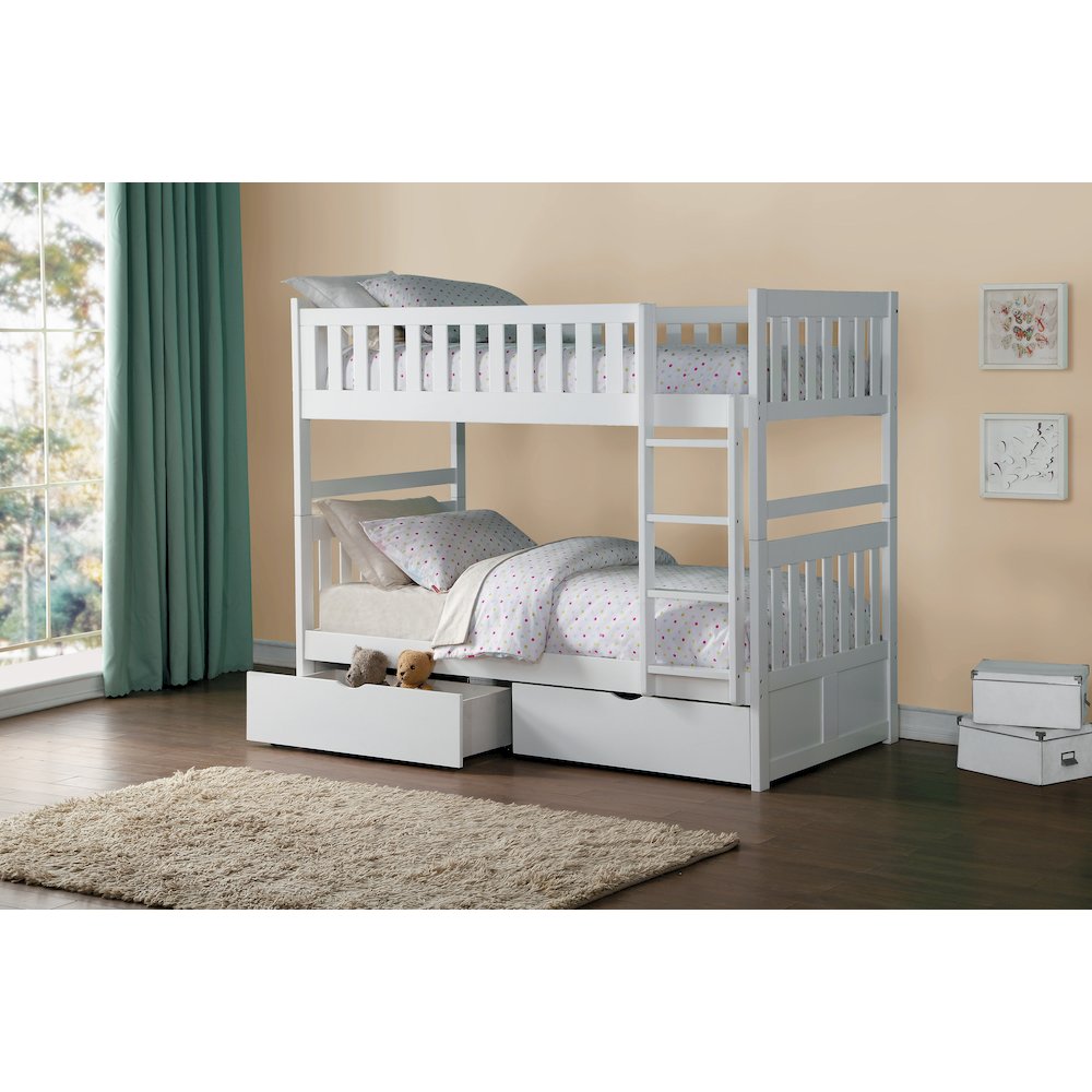Galen Pine Twin Over Twin Bunk Bed with Storage Boxes in White. Picture 3