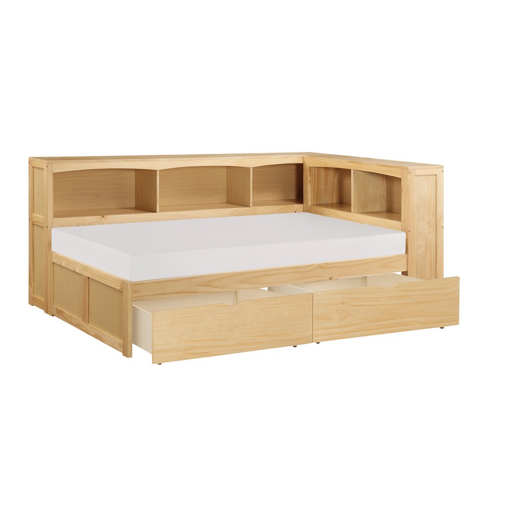 Bartly Pine Twin Bookcase Corner Bed with Storage Boxes in Natural Pine. Picture 5